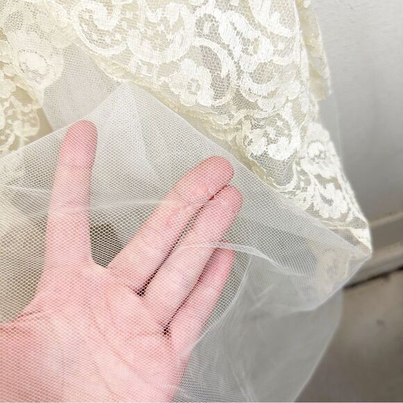 Vintage 70s 1970s Lace Off Shoulder Tulle Wedding Dress Romantic Boho - Picture 5 of 11